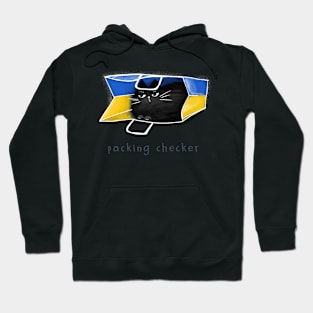 Cartoon black cat in the package and the inscription "Packing Checker". Hoodie